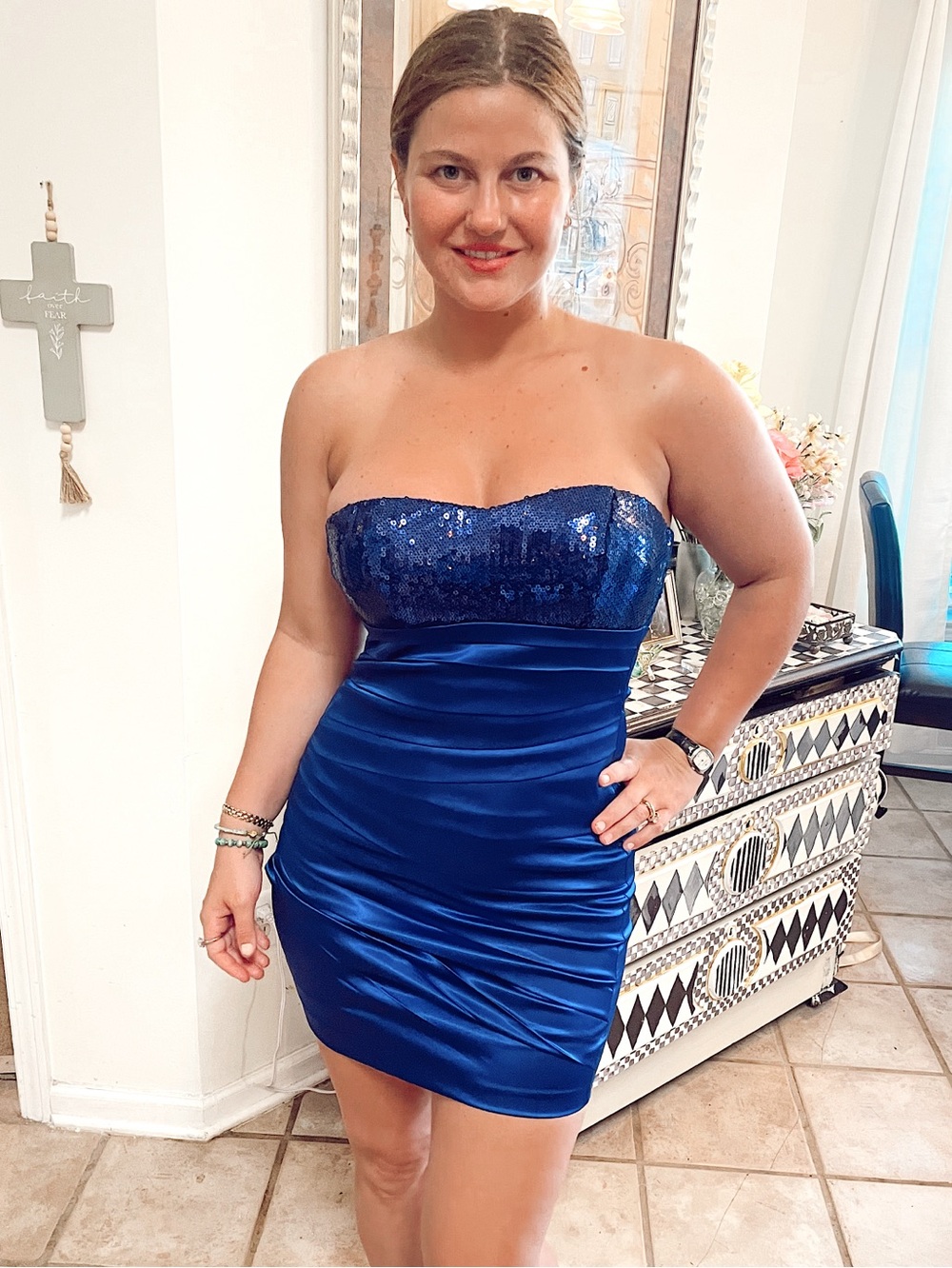 Strapless Sequin Bust Satin Mini Dress in Royal Blue for Party or Dance